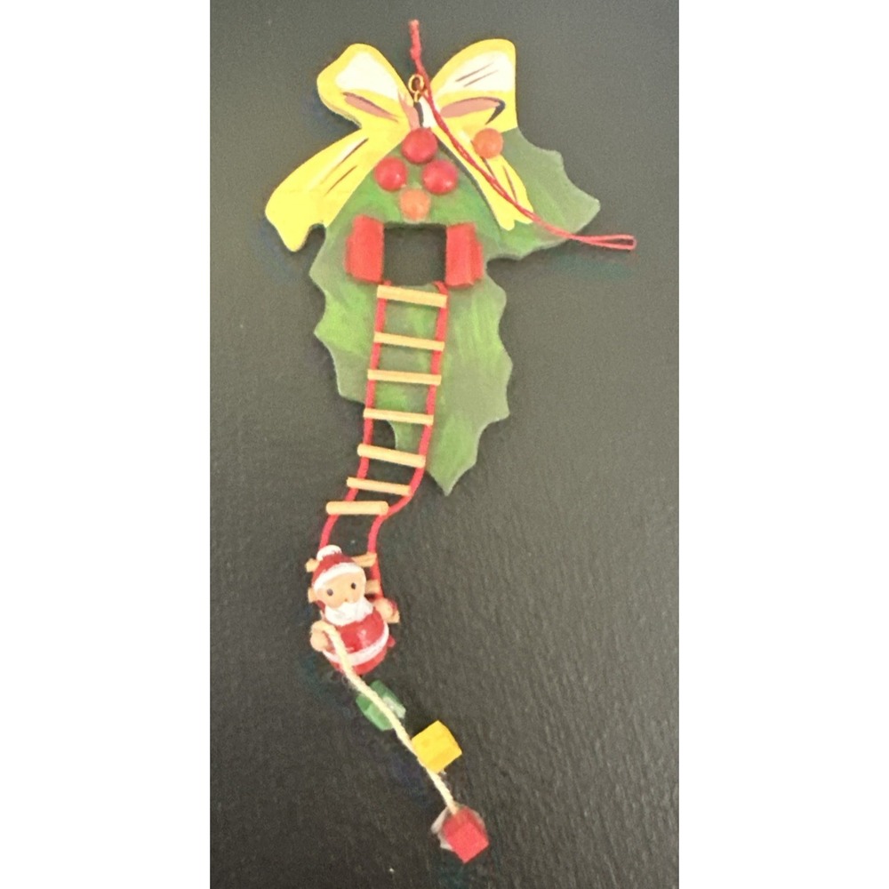 Vtg Kathe Wohlfahrt Santa Claus on Ladder Mistletoe Wood Art Ornament W Germany